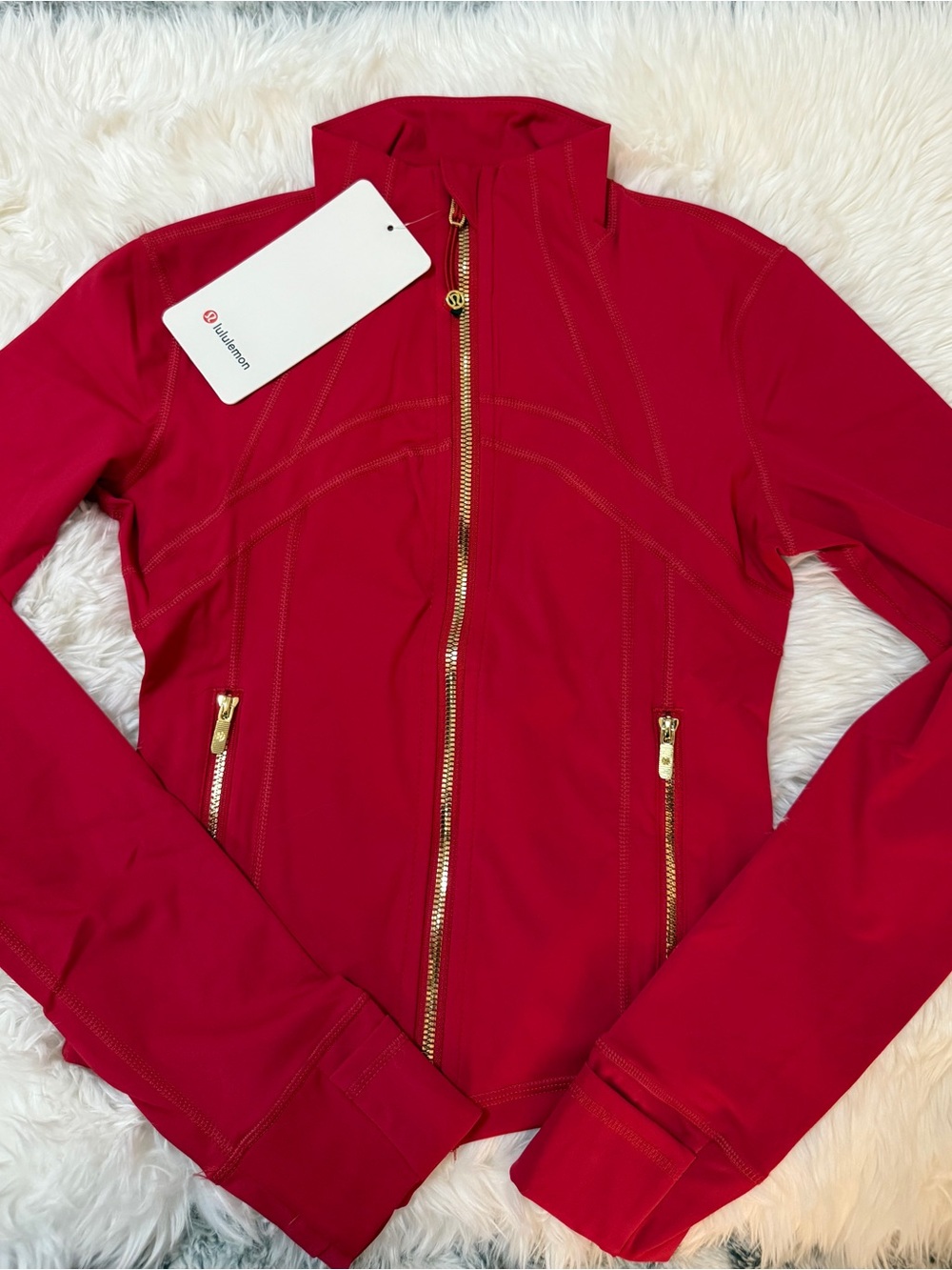 Cropped lululemon athletica Women's Red Bomber Jacket with Gold Zippers